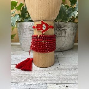 Evening Red Evil Eye Trendy Beaded Bracelet Set- Glam Date Night Bracelets Set